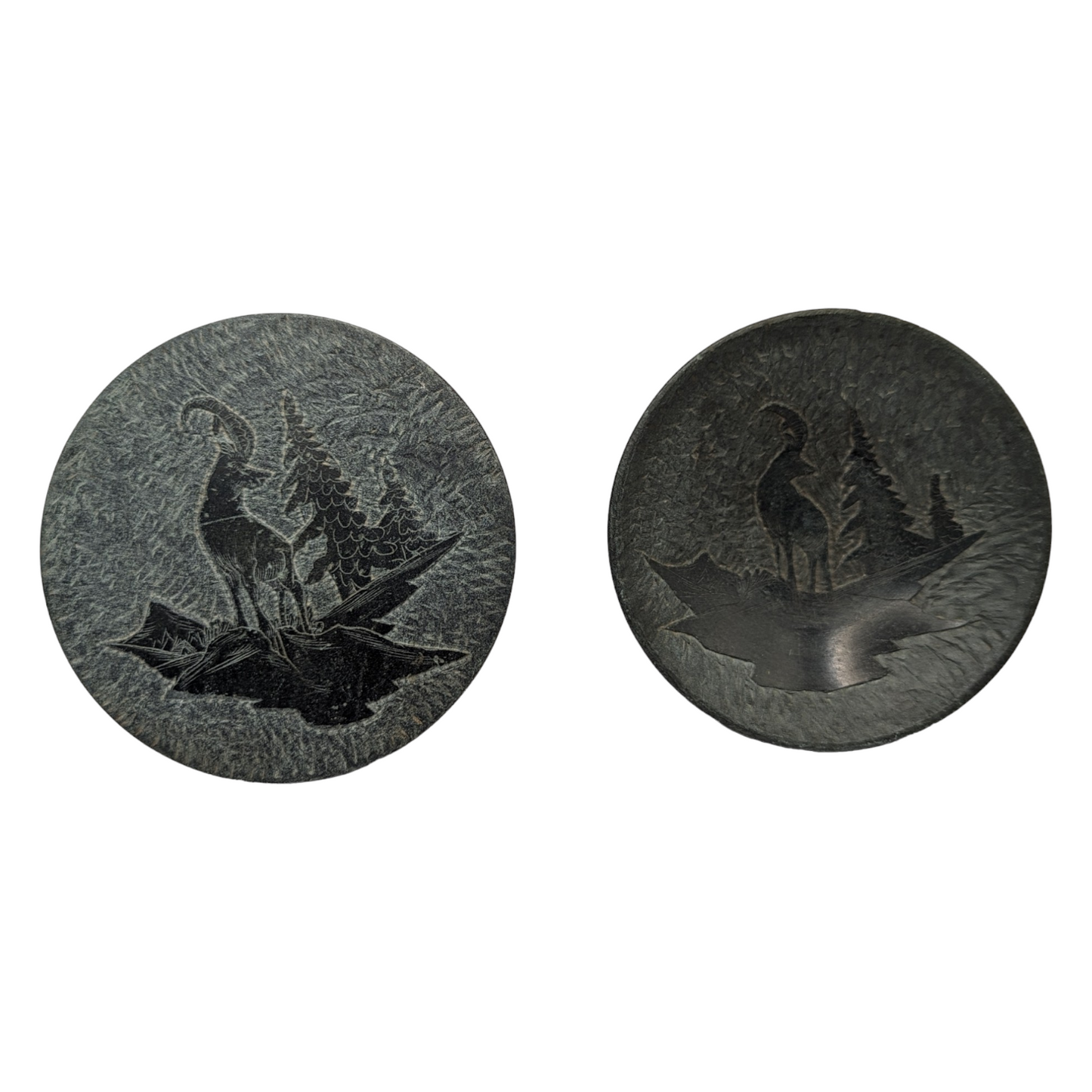 Vintage Green Slate Trinket Box and Pin Dish Set - Etched Mountain Goat and Trees Design