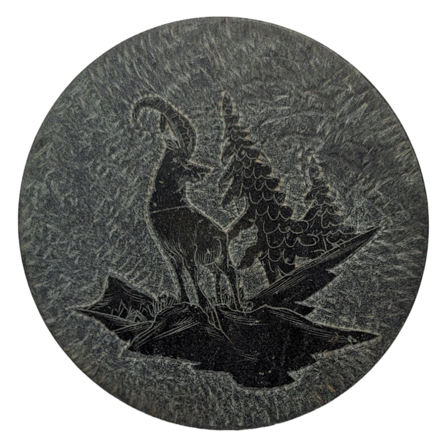 Vintage Green Slate Trinket Box and Pin Dish Set - Etched Mountain Goat and Trees Design