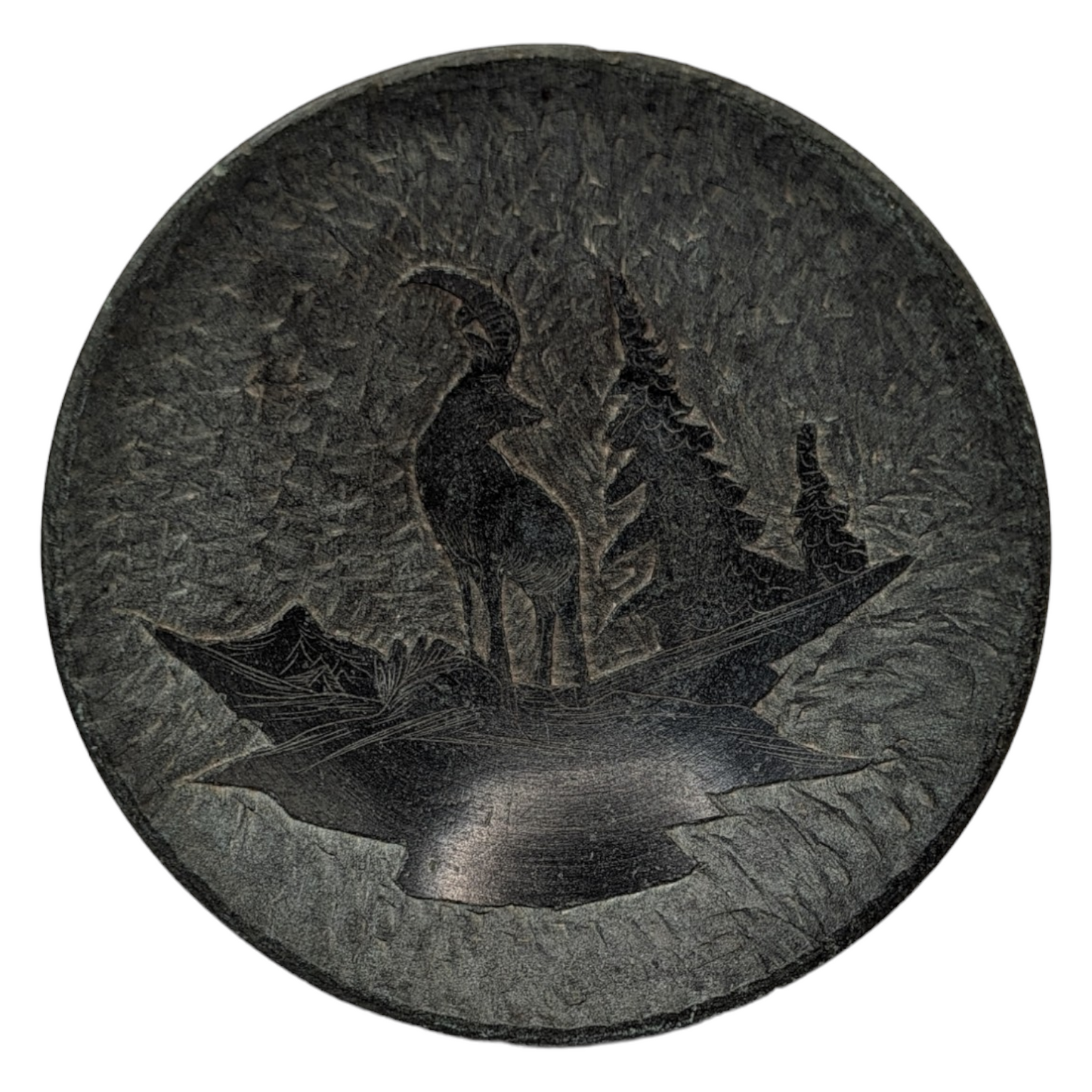 Vintage Green Slate Trinket Box and Pin Dish Set - Etched Mountain Goat and Trees Design