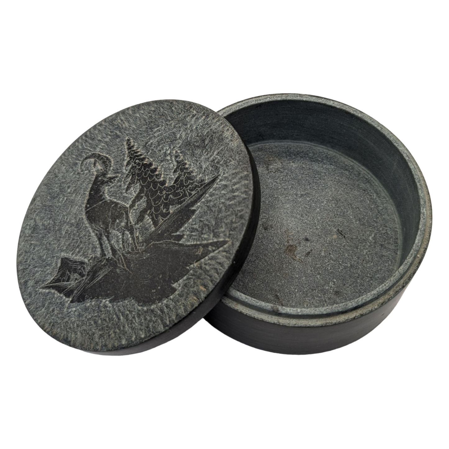 Vintage Green Slate Trinket Box and Pin Dish Set - Etched Mountain Goat and Trees Design
