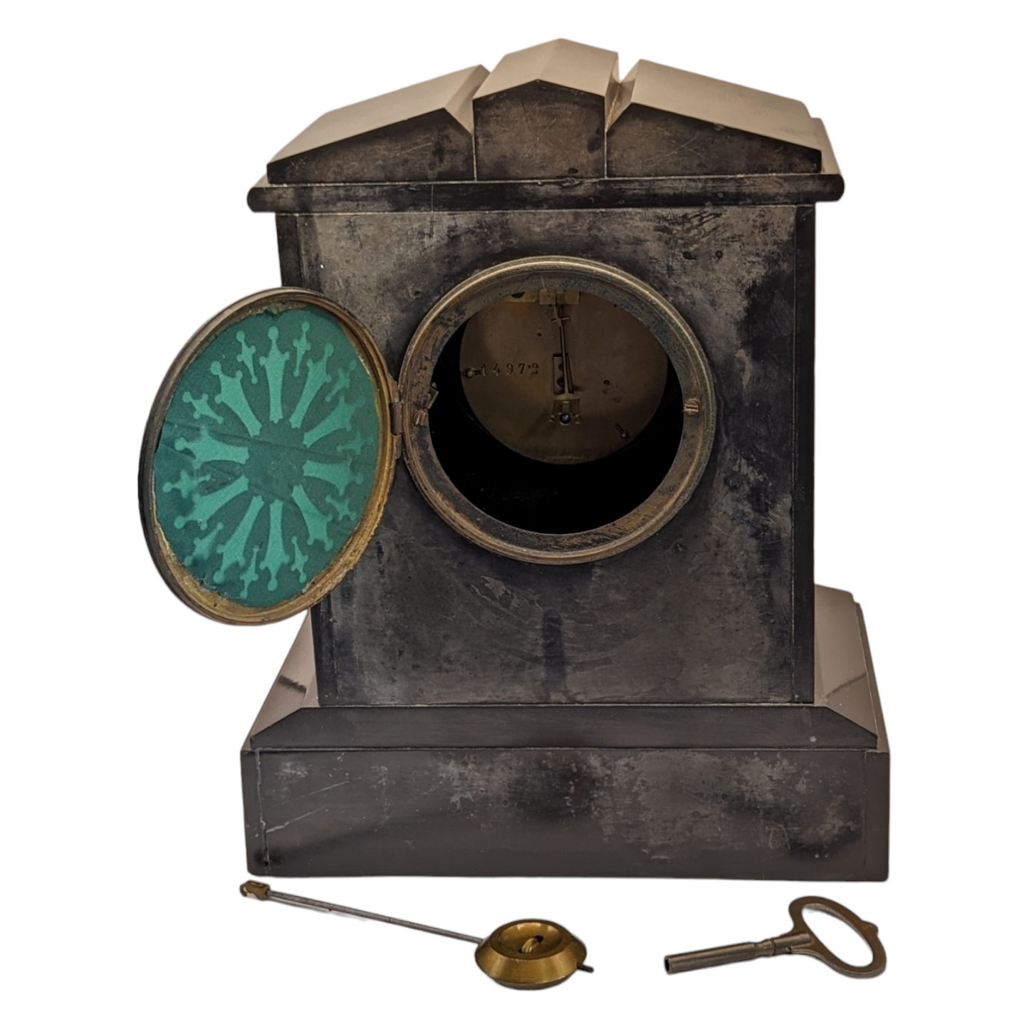 Antique Victorian Black Slate & Marble French Timepiece - 8-Day Movement with Pendulum and Key