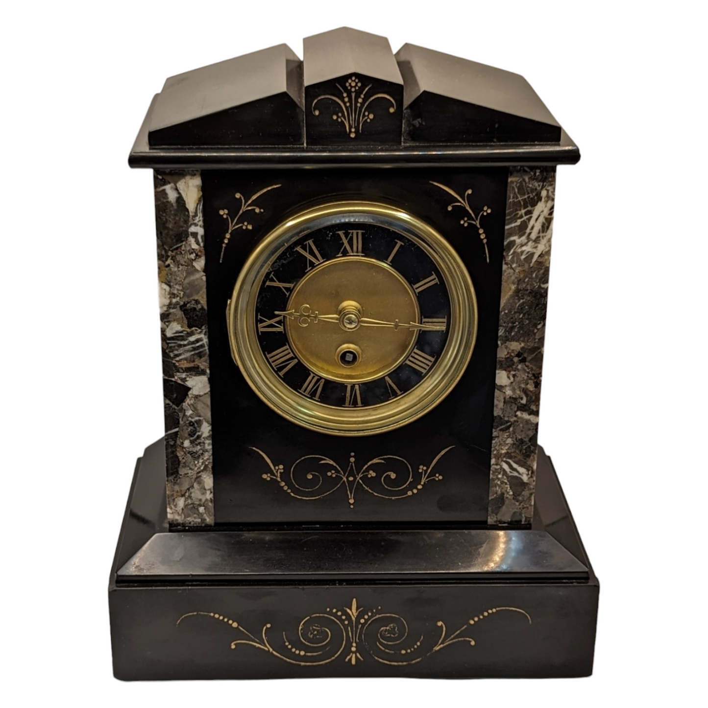 Antique Victorian Black Slate & Marble French Timepiece - 8-Day Movement with Pendulum and Key