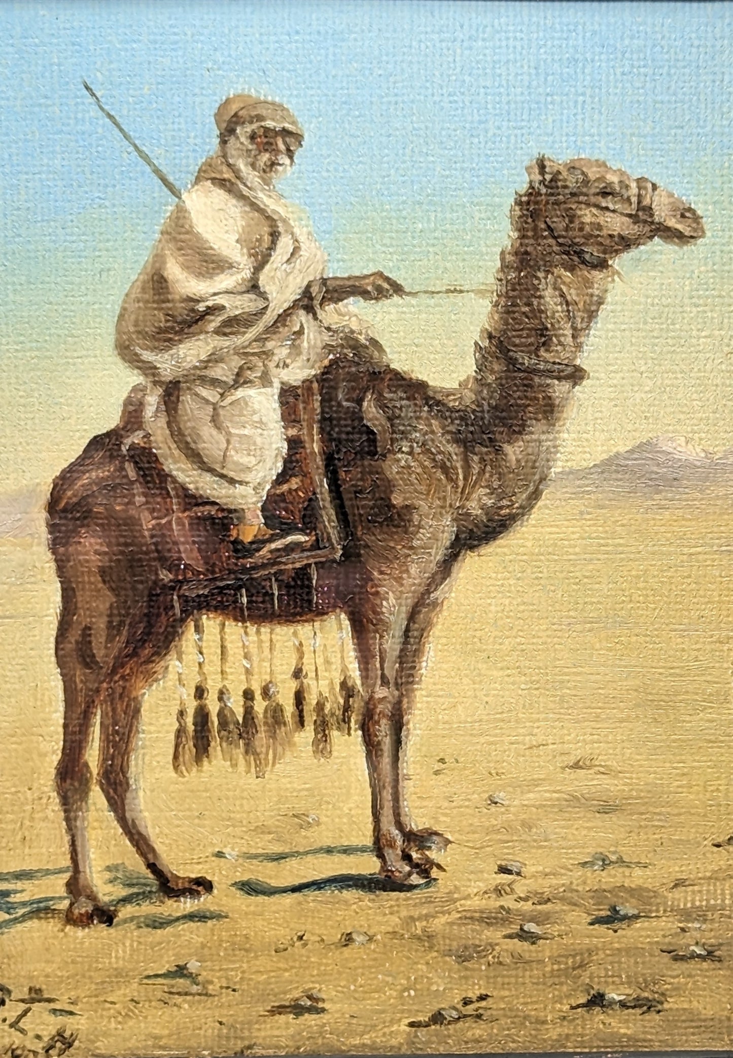 Antique 1900s Frame Oil Painting on Canvas Board - Arab Bedouin Nomad Signed GLH