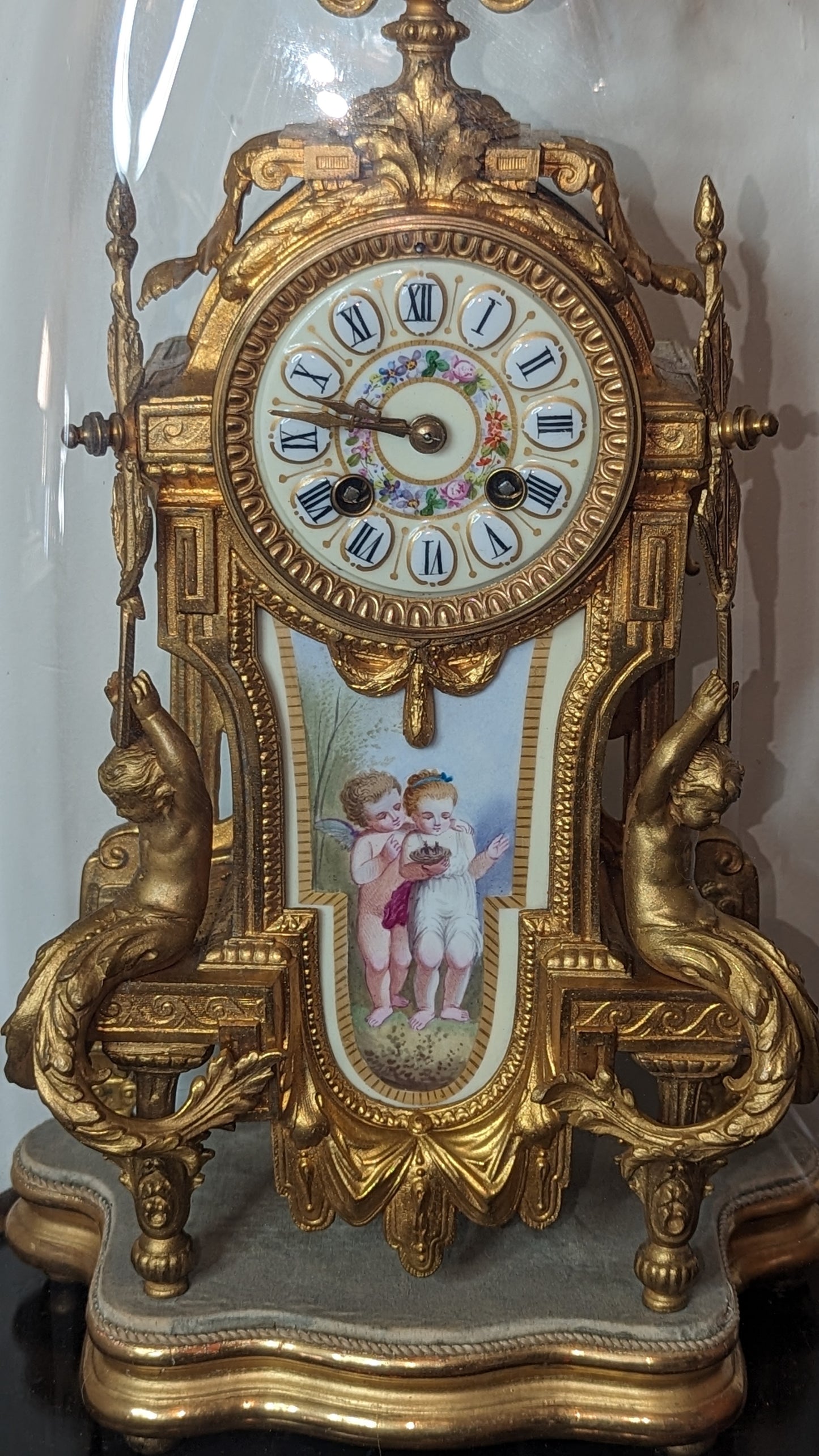 Antique 1800s French Gilt Metal Clock - Sevres Style Porcelain and Rococo Aesthetic