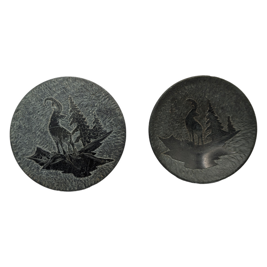 Vintage Green Slate Trinket Box and Pin Dish Set - Etched Mountain Goat and Trees Design