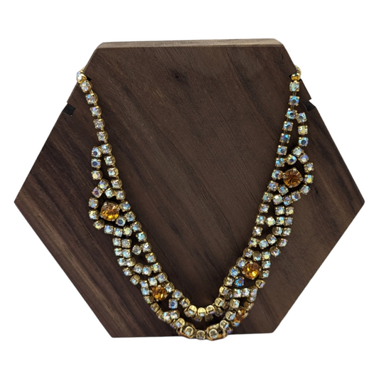 Vintage Rhinestone Necklace - Mid-Century Glamour with Amber Accents