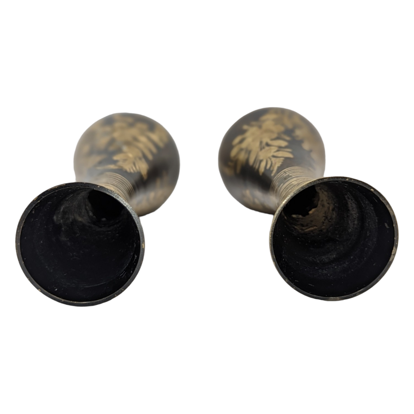 Pair of Vintage Indian Black and Gold Brass Metal Footed Vases - Etched Ornate Floral Motif