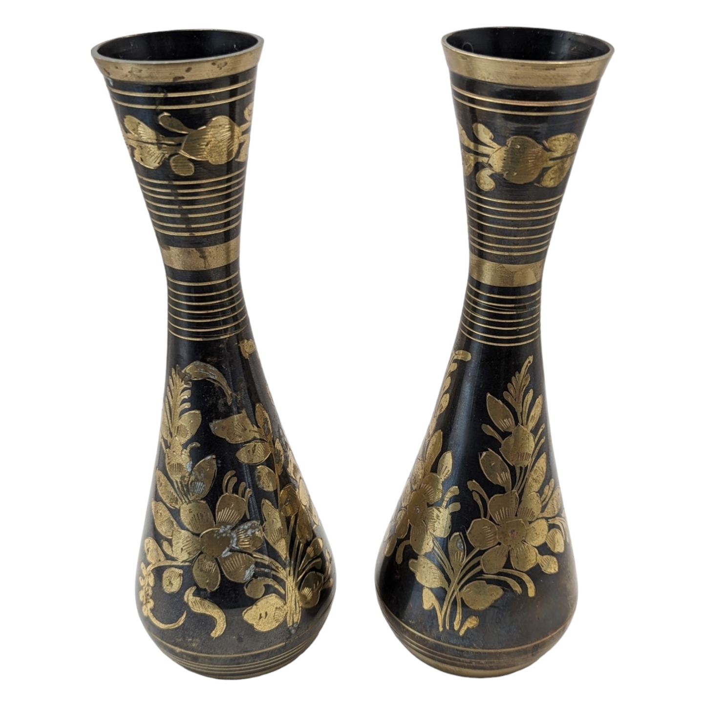 Pair of Vintage Indian Black and Gold Brass Metal Footed Vases - Etched Ornate Floral Motif